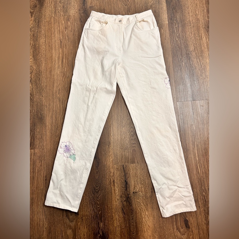 Doncaster Women’s Floral Embroidered White Straight Leg Pants Size 8 Vintage